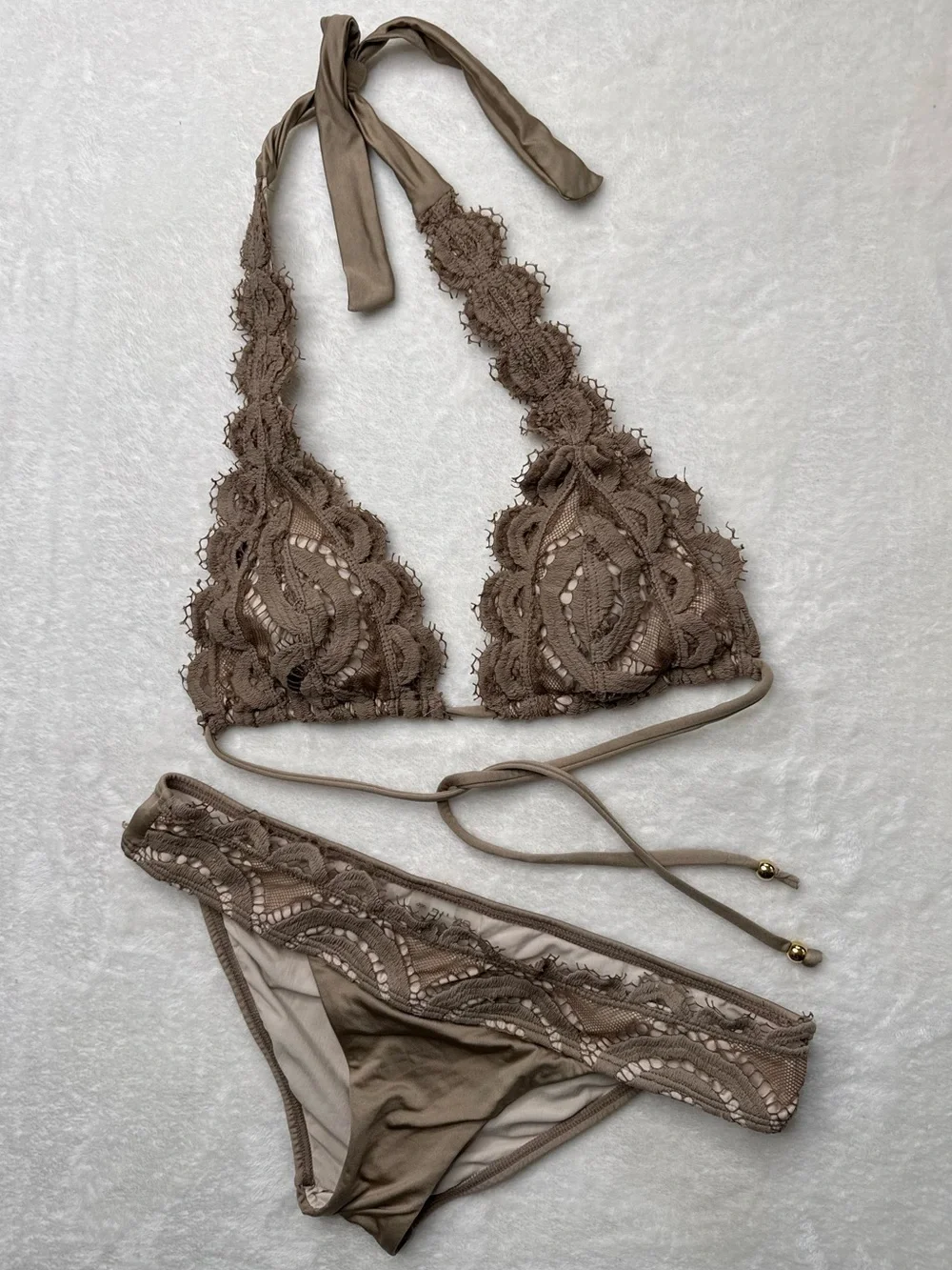 Pilyq - Taupe Crochet Halter Bikini Set, size M
